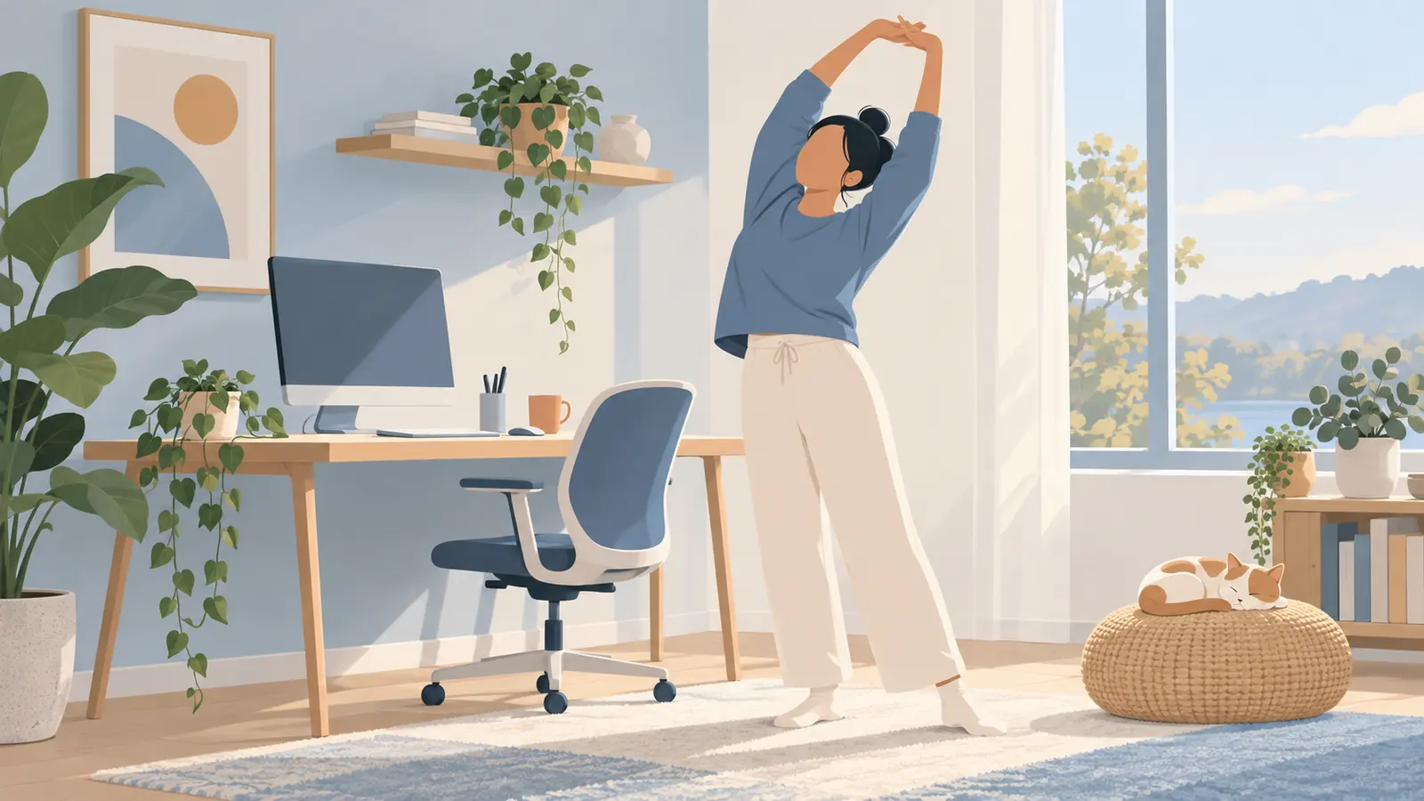 A person stretches beside a desk in a calm home office.